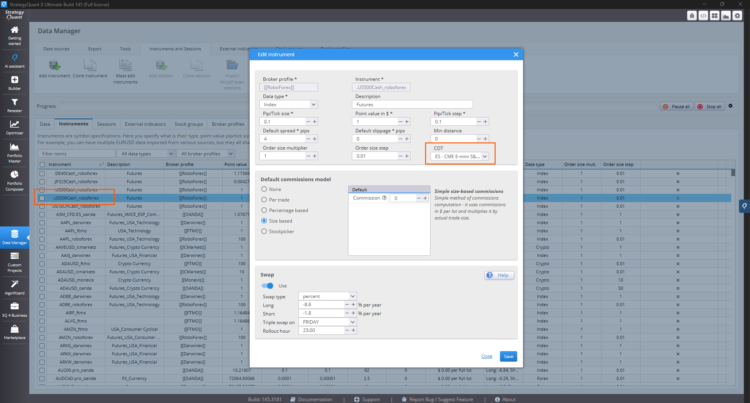 COT field in the Edit instrument dialog