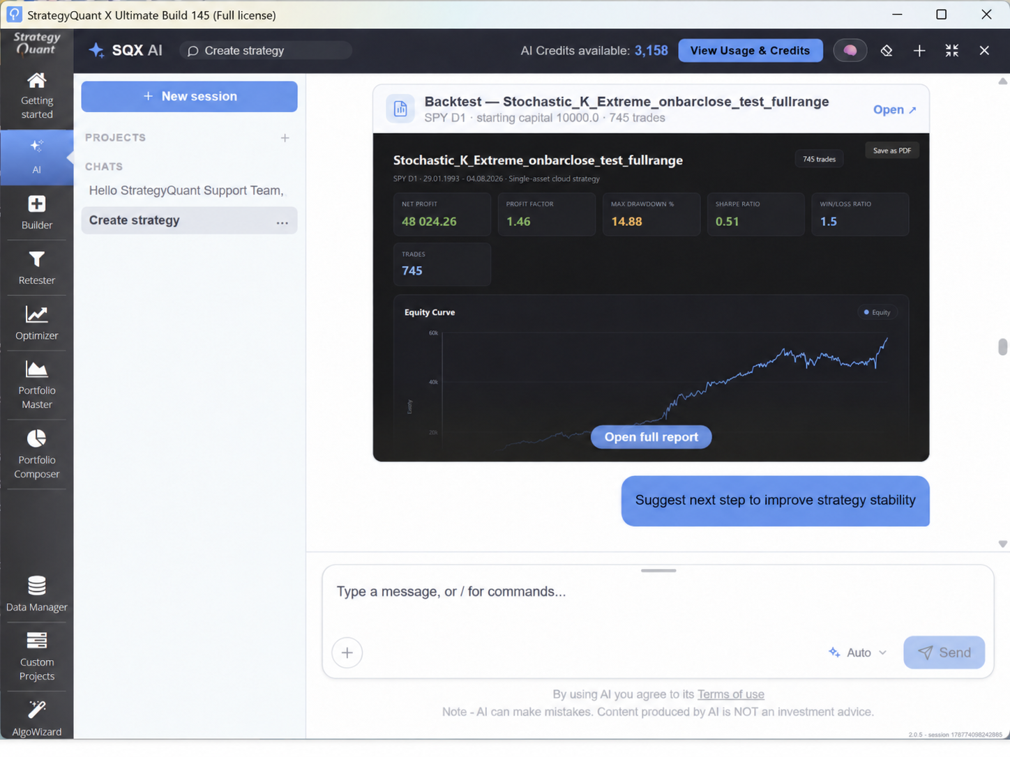 StrategyQuant X AI chat displaying a backtest report with strategy metrics and an equity curve.